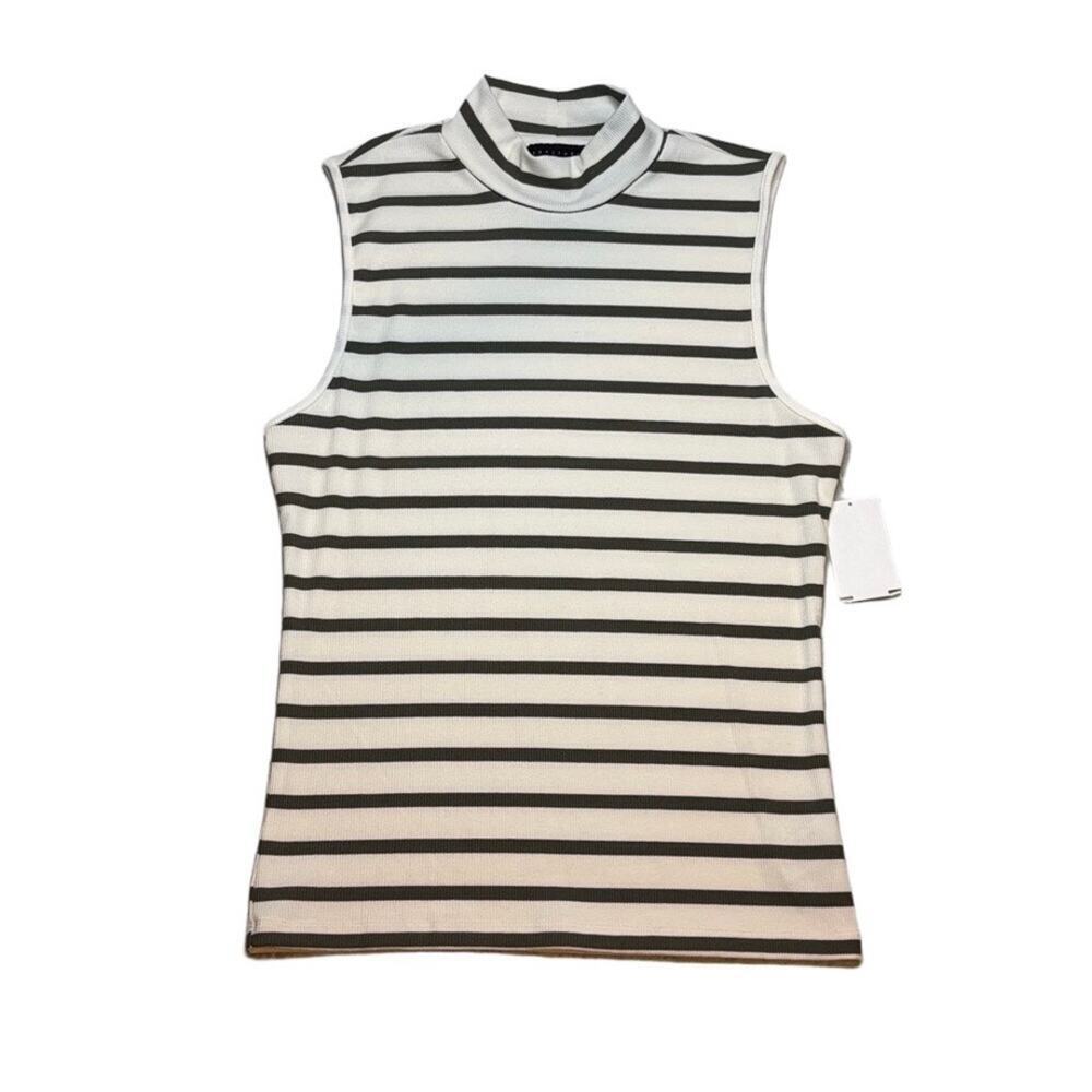 NWT Sanctuary Mock Neck Ribbed Tank Top Striped Cream Olive L